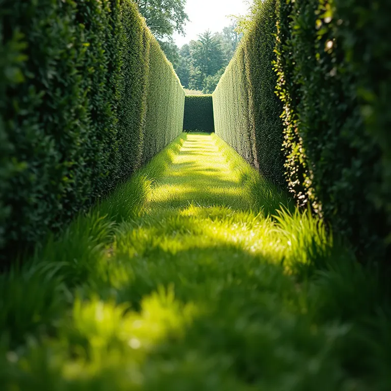The Long Terrace in its ninth summer, hornbeam either side of a mown path