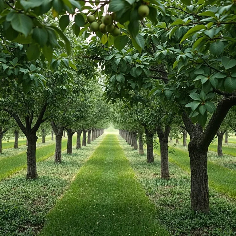 Cal Ferrer Orchard in its seventh year, fruit trees over cut clover