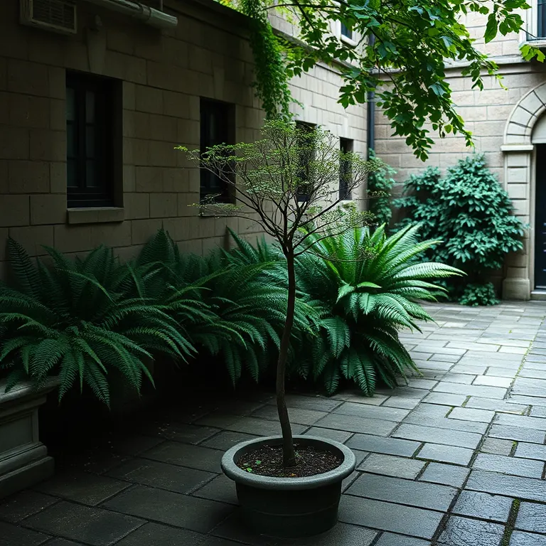 The Courtyard at Molí with ferns along the north wall and one shade tree
