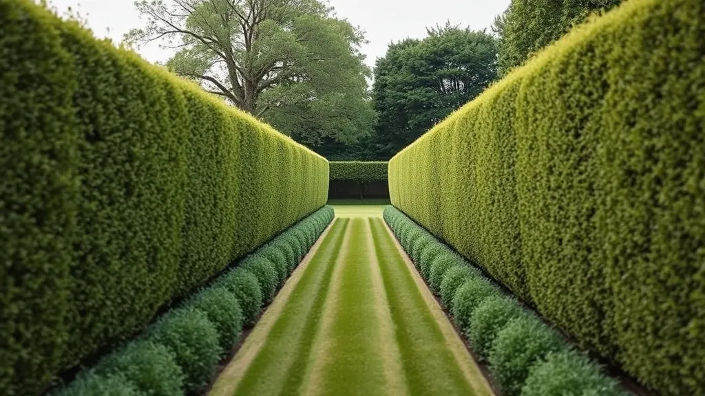 The same view of The Long Terrace nine summers later, hornbeam above head height